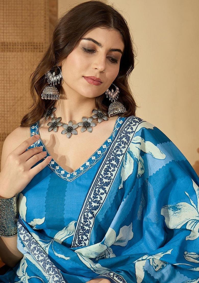 Blue Printed Cotton Straight Kurta Sets - Indya