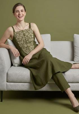 Olive Embroidered Cotton Straight Kurta Sets