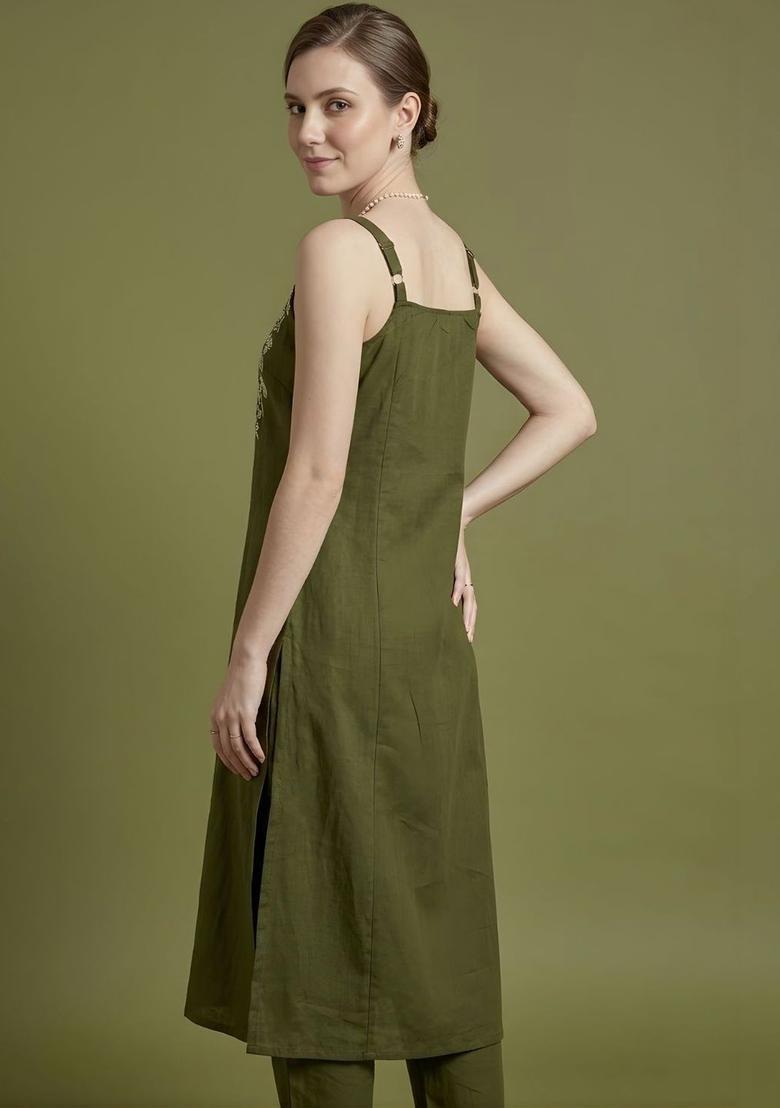 Olive Embroidered Cotton Straight Kurta Sets - Indya