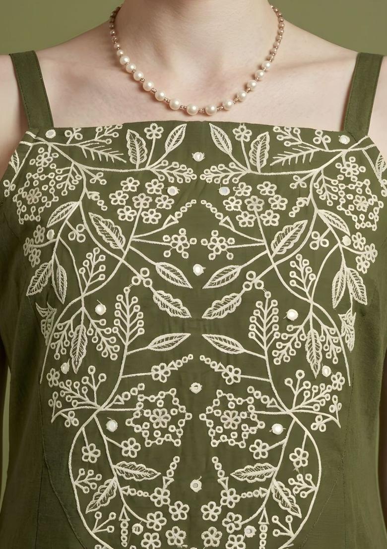 Olive Embroidered Cotton Straight Kurta Sets - Indya
