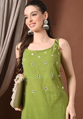 Lime Green Solid Cotton Straight Kurta Sets