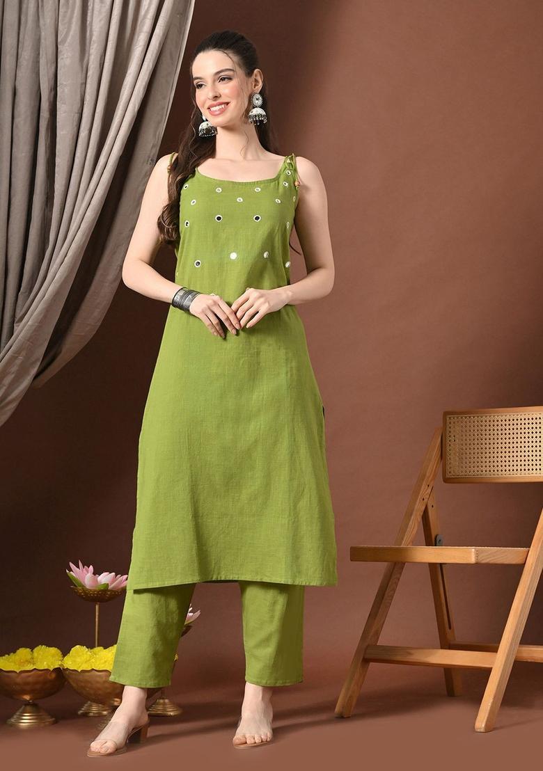 Lime Green Solid Cotton Straight Kurta Sets - Indya