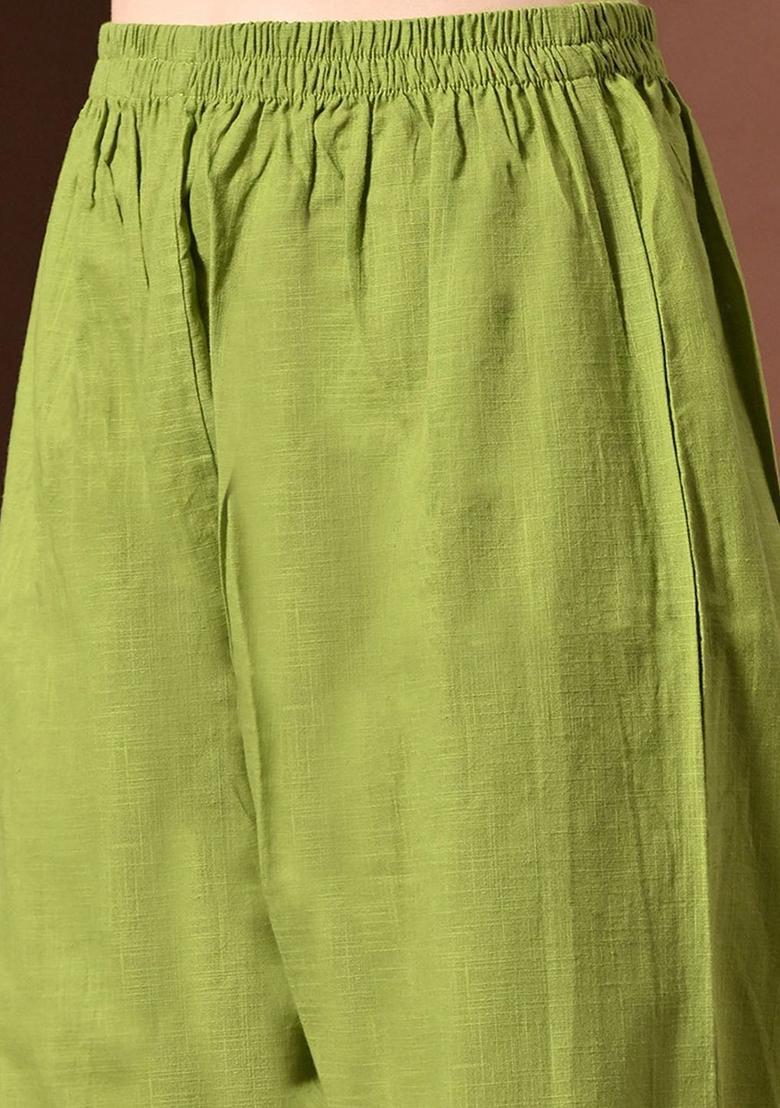 Lime Green Solid Cotton Straight Kurta Sets - Indya