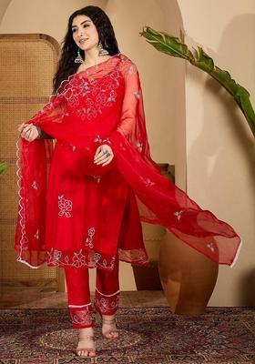 Red Embroidered Organza Straight Kurta Sets