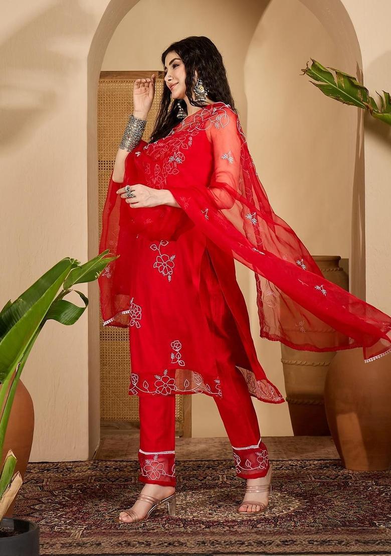 Red Embroidered Organza Straight Kurta Sets - Indya