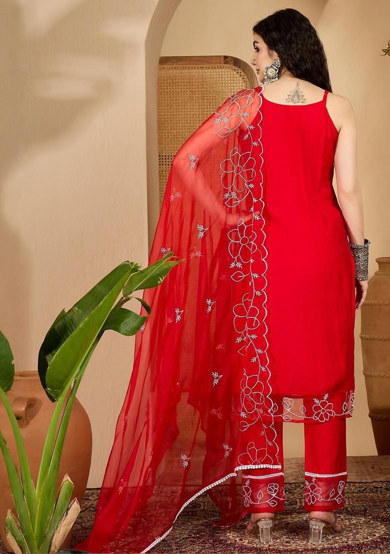 Red Embroidered Organza Straight Kurta Sets - Indya
