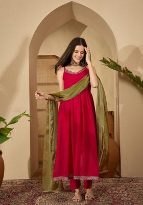 Red Embroidered Georgette Anarkali Sets