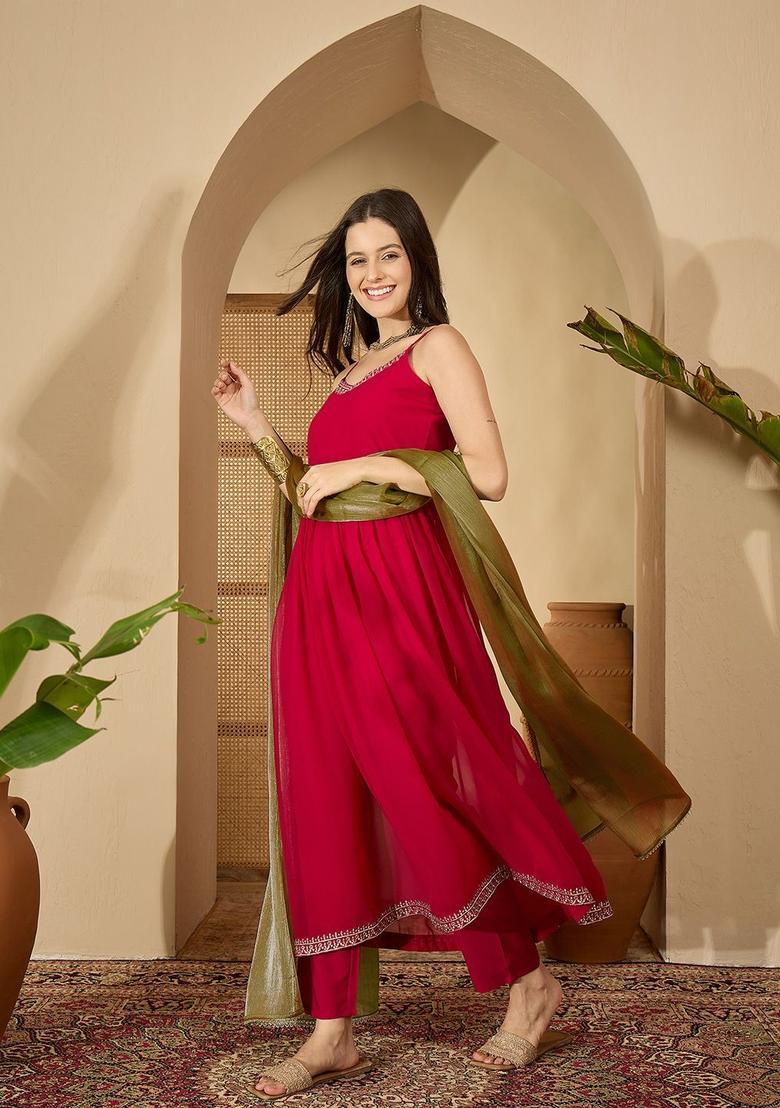 Red Embroidered Georgette Anarkali Sets - Indya