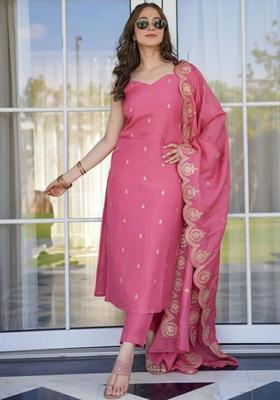 Pink Embroidered Cotton Straight Kurta Sets
