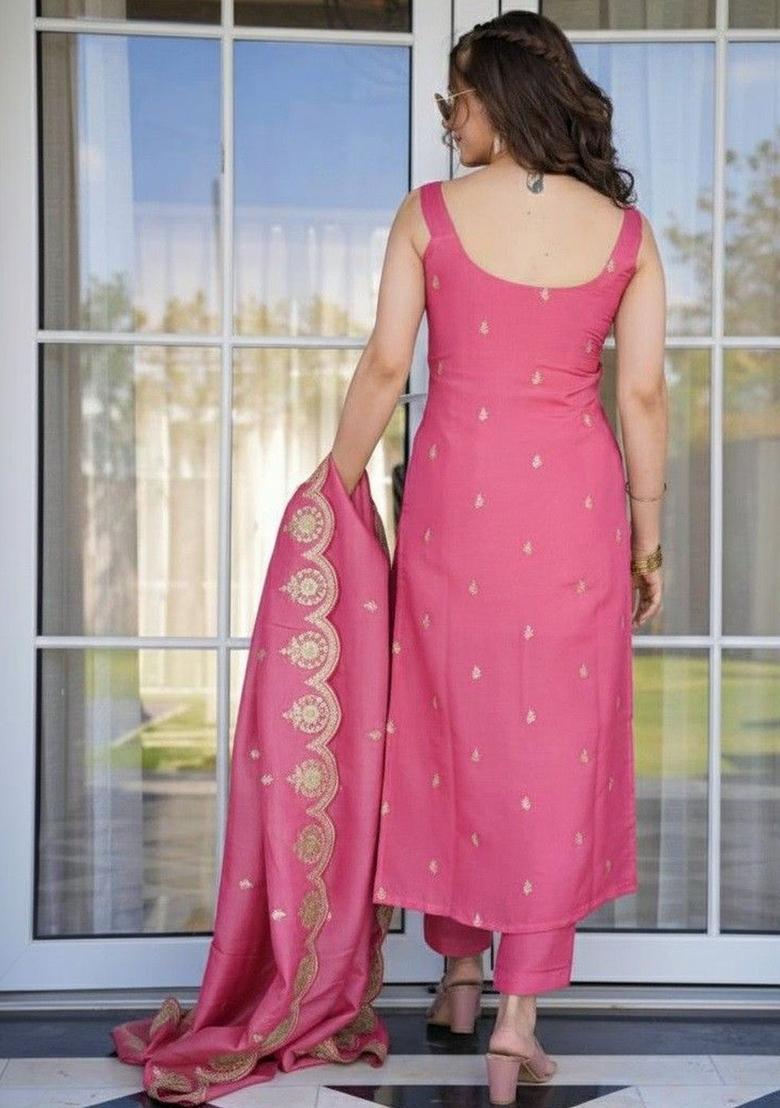 Pink Embroidered Cotton Straight Kurta Sets - Indya