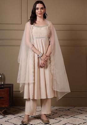 Peach Embroidered Silk A Line Kurta Sets
