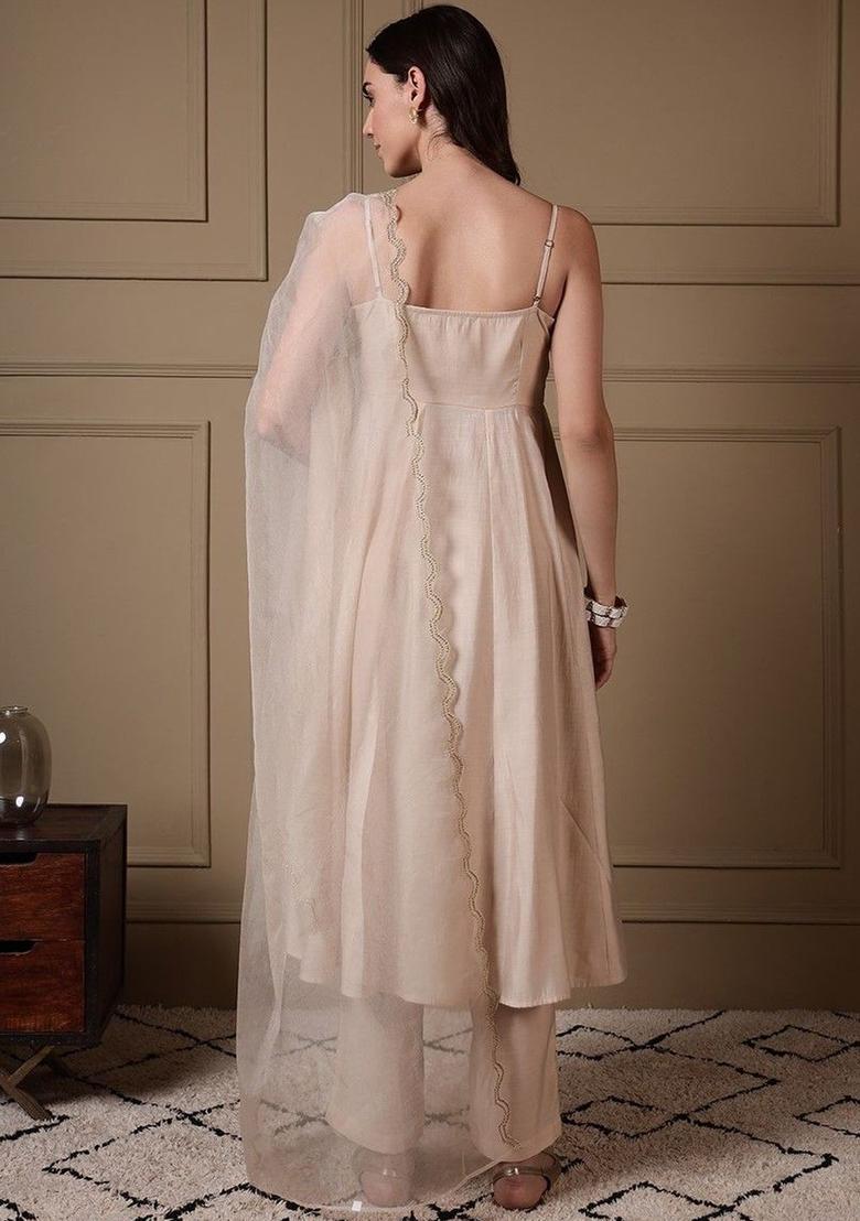 Peach Embroidered Silk A Line Kurta Sets - Indya