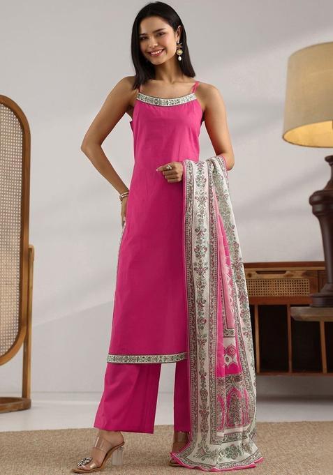 Pink Solid Silk Straight Kurta Sets — view on Indya