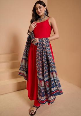 Red Solid Viscose Straight Kurta Sets