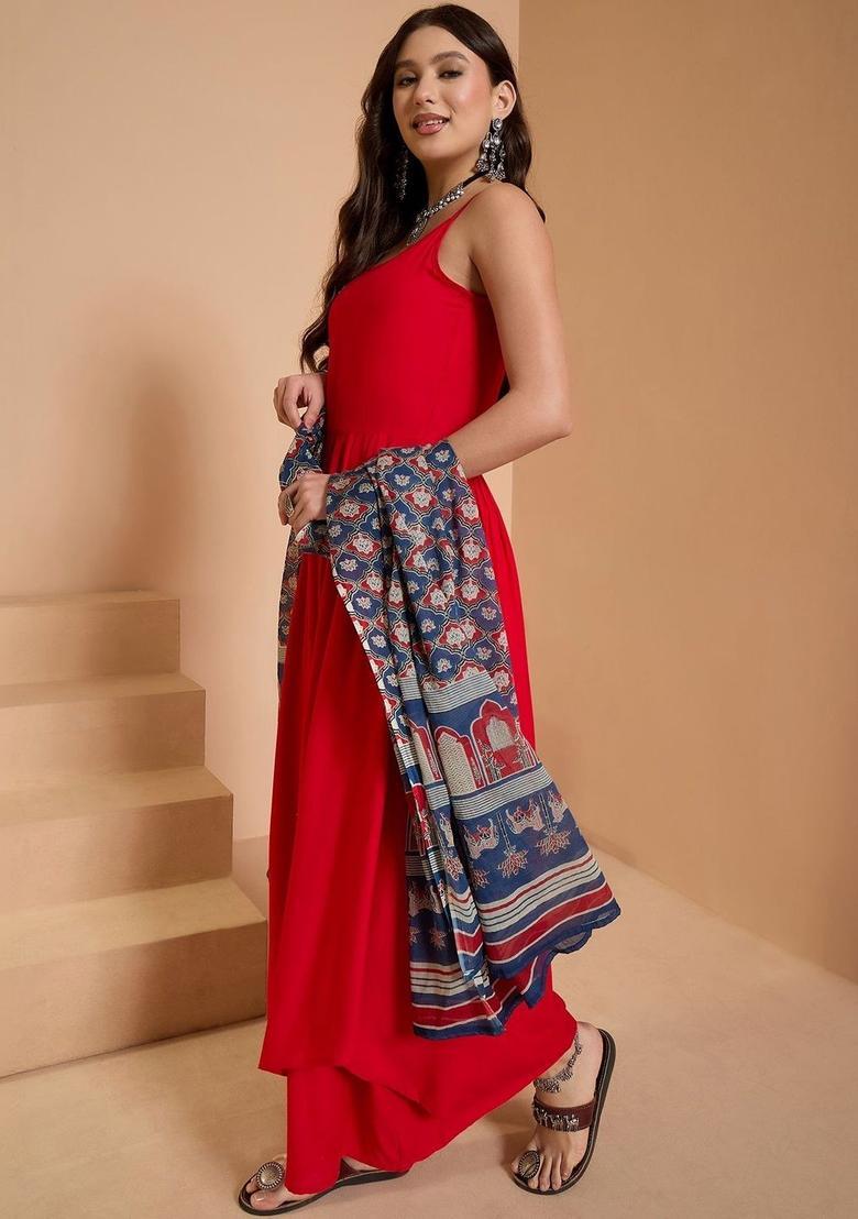 Red Solid Viscose Straight Kurta Sets - Indya