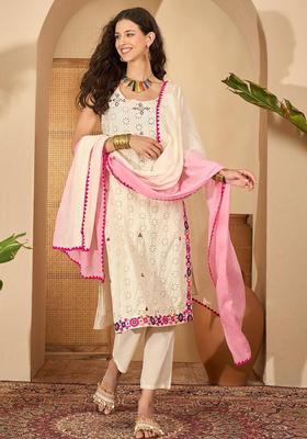 Off White Embroidered Cotton Straight Kurta Sets