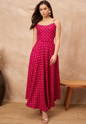 Red Printed Silk A Line Kurta Sets