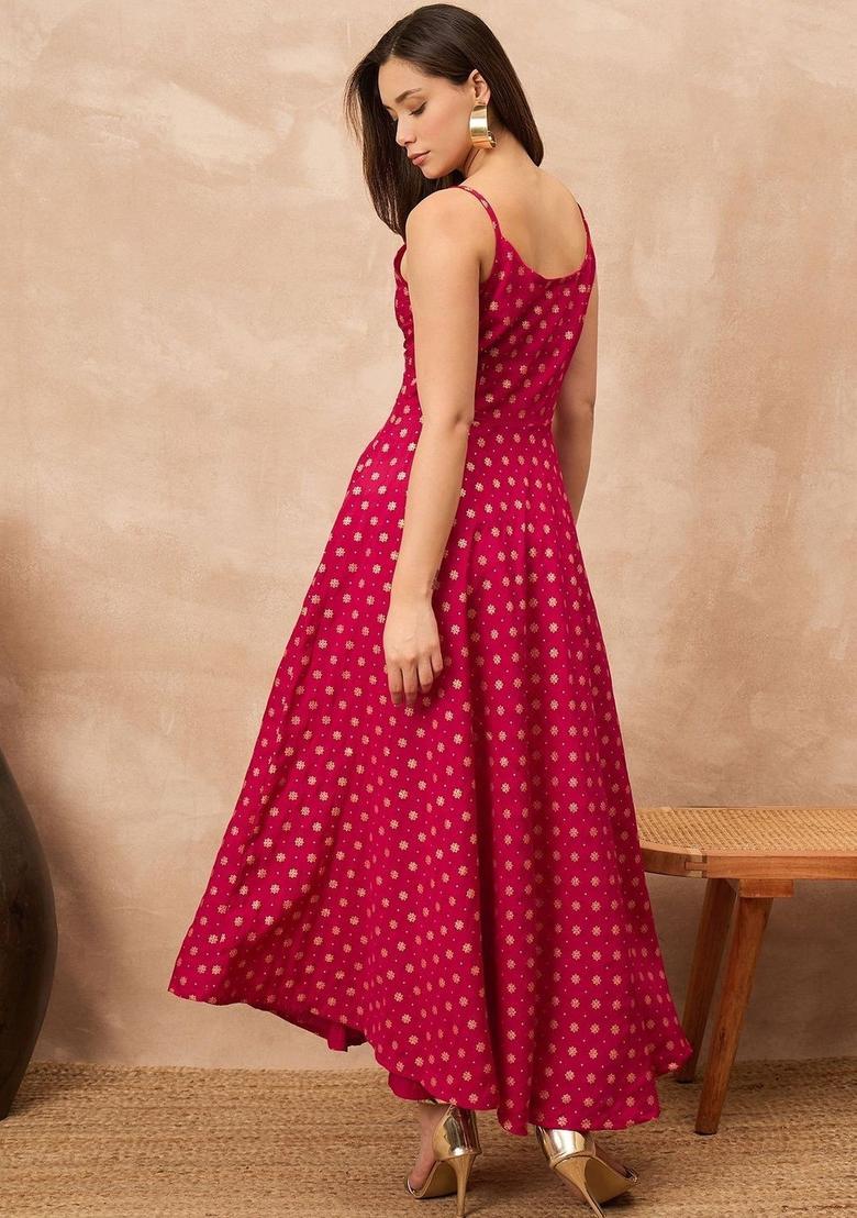 Red Printed Silk A Line Kurta Sets - Indya