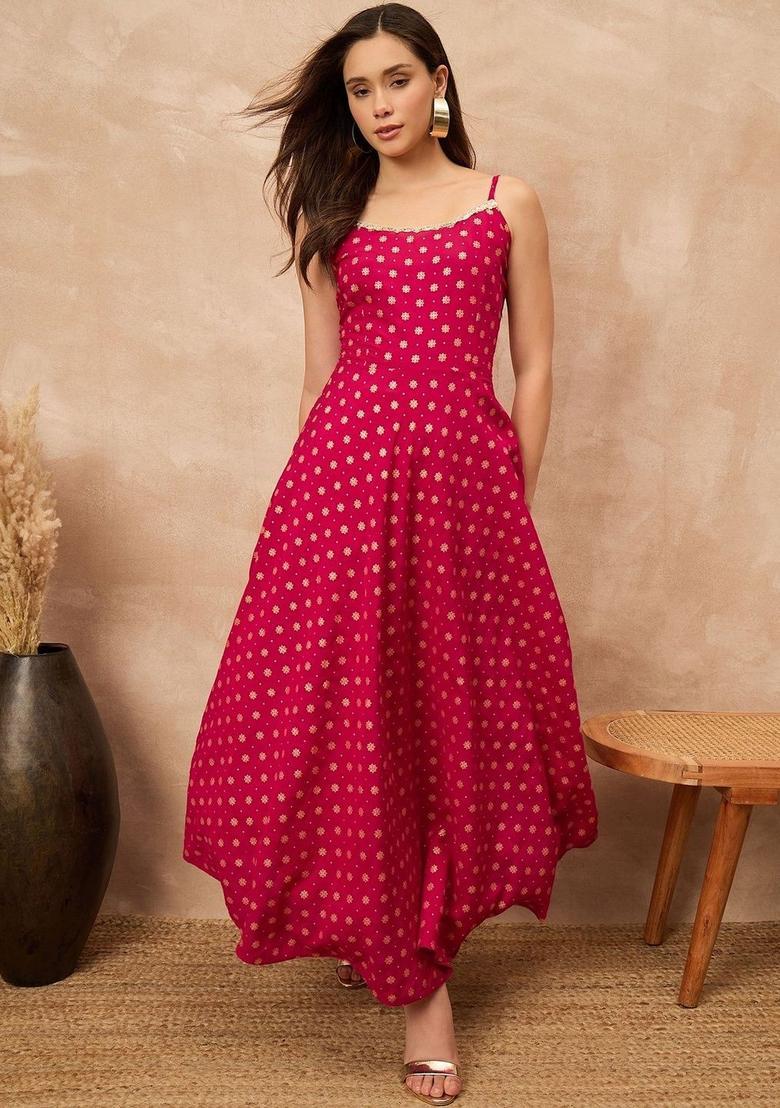 Red Printed Silk A Line Kurta Sets - Indya