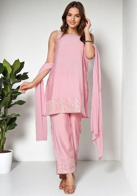 Pink Embroidered Viscose Straight Kurta Sets
