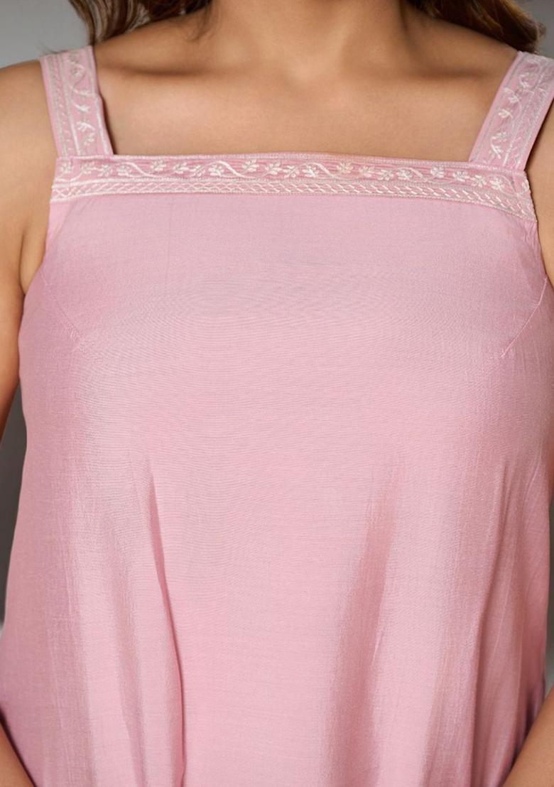 Pink Embroidered Viscose Straight Kurta Sets - Indya