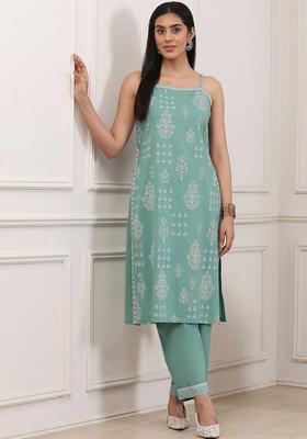 Sea Green Printed Cotton Straight Kurta Sets