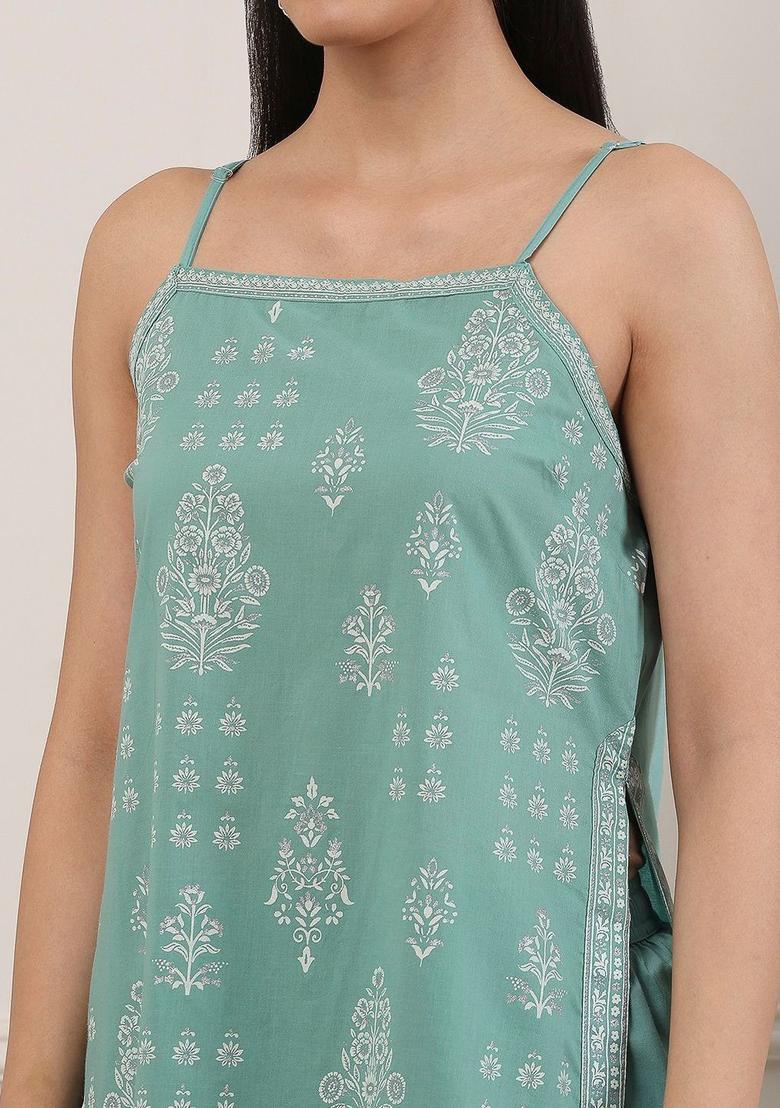 Sea Green Printed Cotton Straight Kurta Sets - Indya