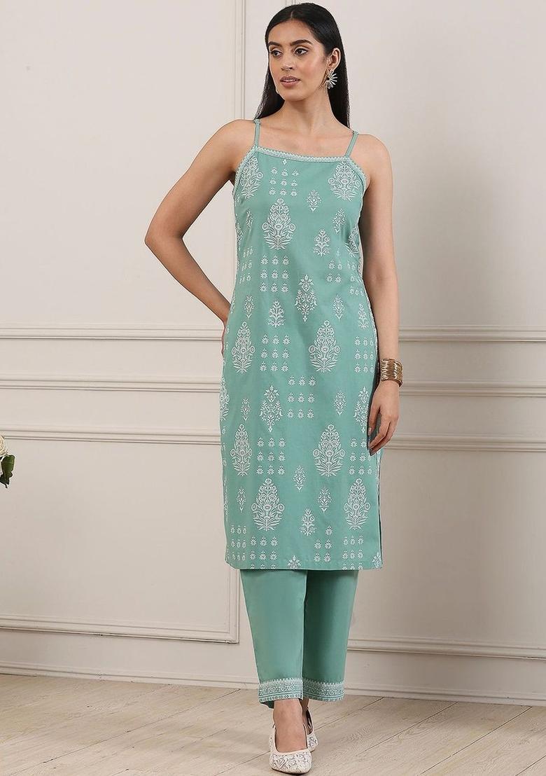 Sea Green Printed Cotton Straight Kurta Sets - Indya