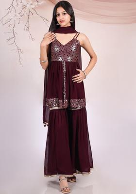 Maroon Embroidered Georgette A Line Kurta Sets