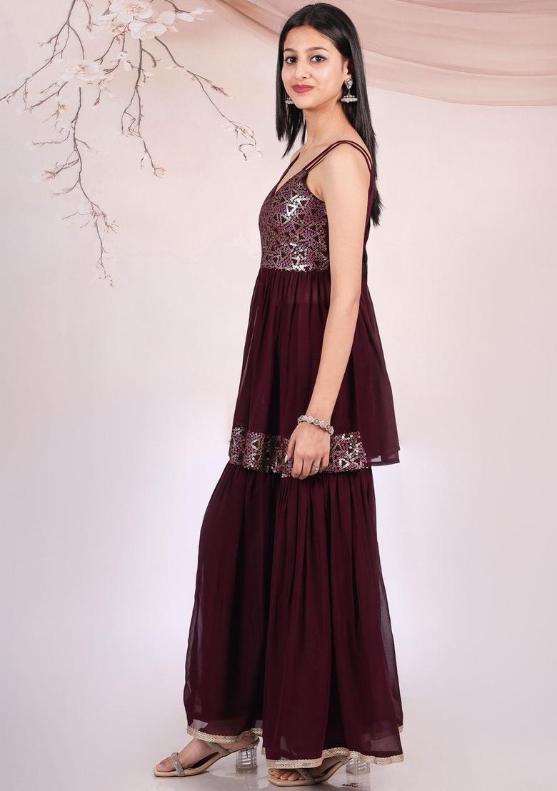 Maroon Embroidered Georgette A Line Kurta Sets - Indya