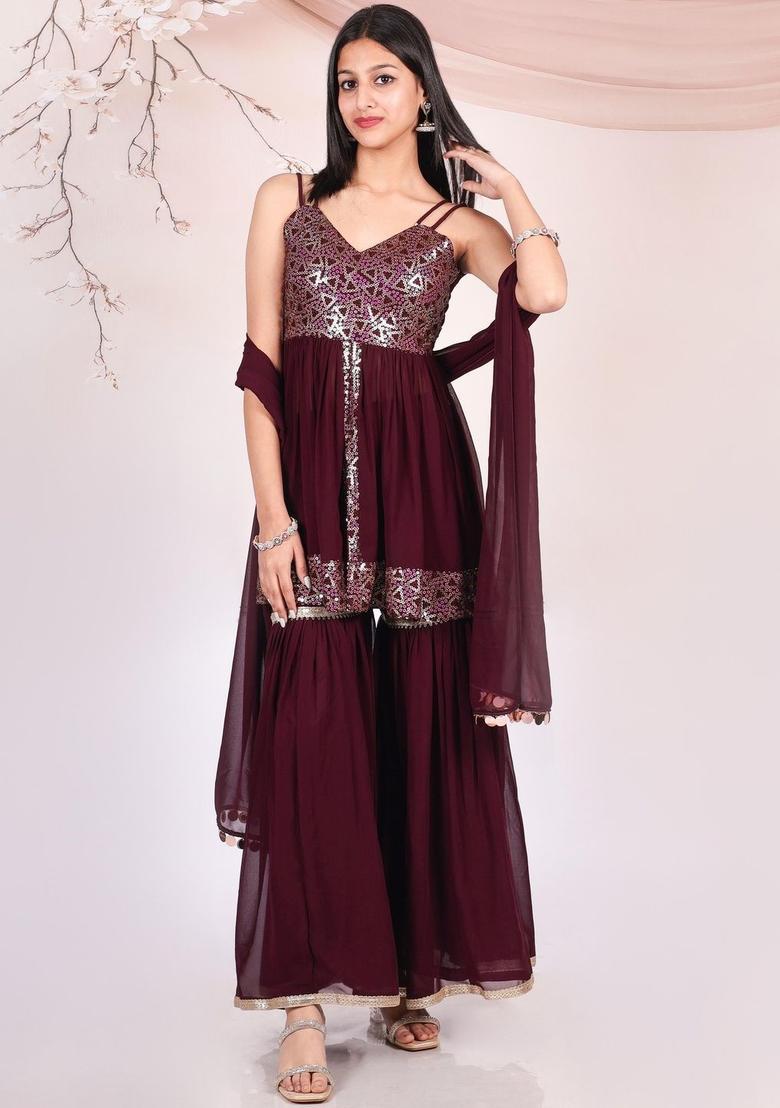 Maroon Embroidered Georgette A Line Kurta Sets - Indya