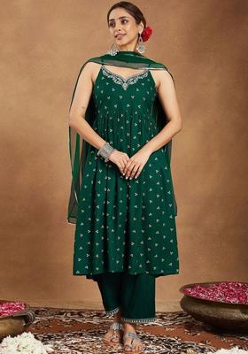 Green Embroidered Viscose A Line Kurta Sets