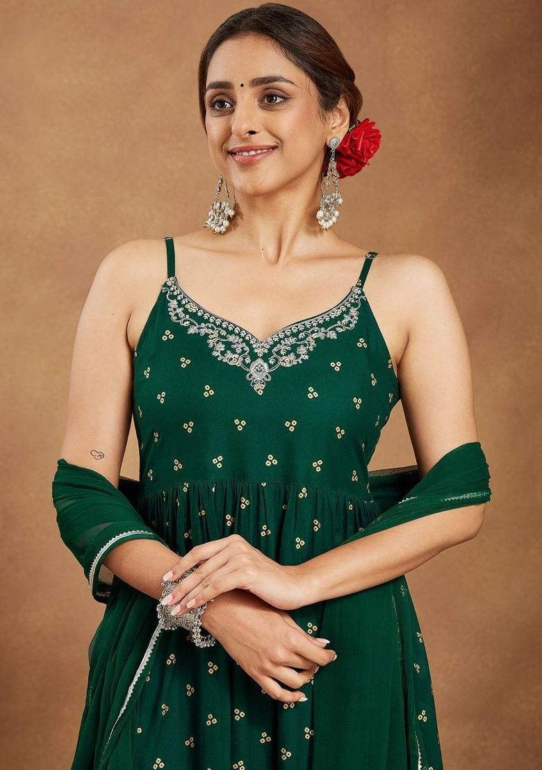 Green Embroidered Viscose A Line Kurta Sets - Indya