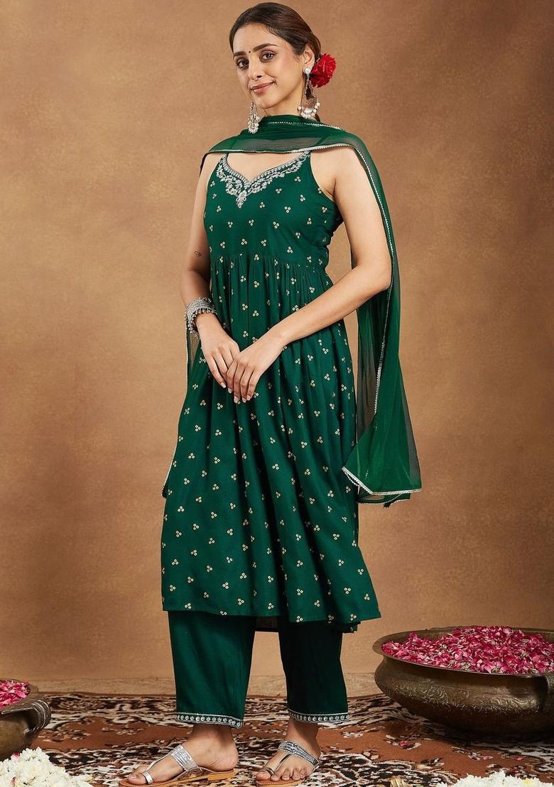 Green Embroidered Viscose A Line Kurta Sets - Indya