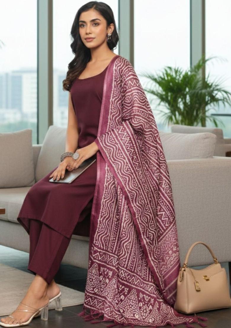 Maroon Solid Cotton Straight Kurta Sets - Indya