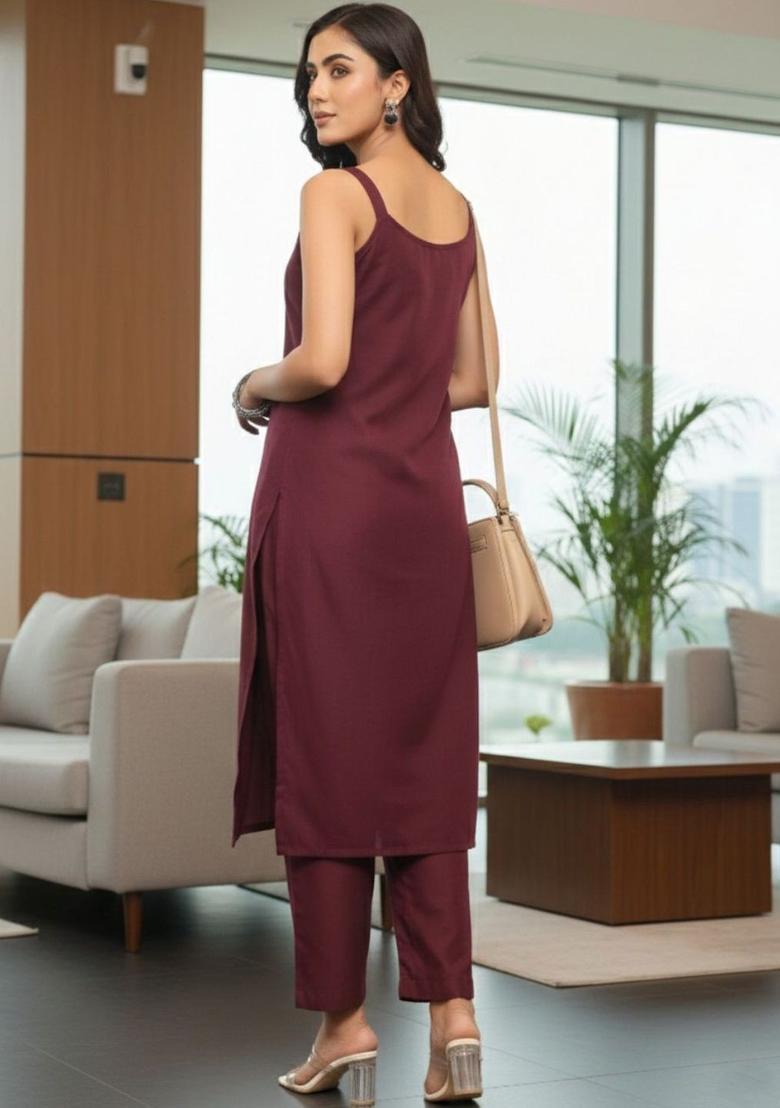 Maroon Solid Cotton Straight Kurta Sets - Indya