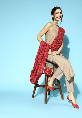 Beige Printed Viscose Straight Kurta Sets