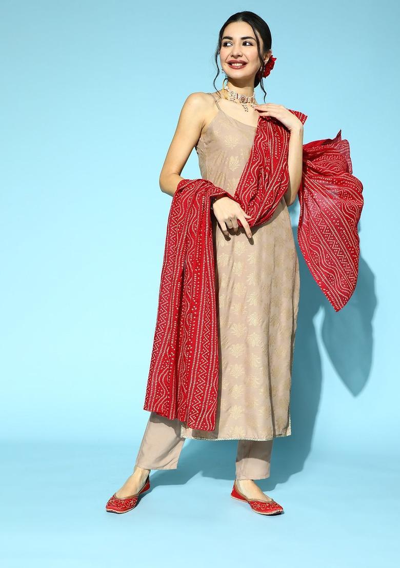 Beige Printed Viscose Straight Kurta Sets - Indya