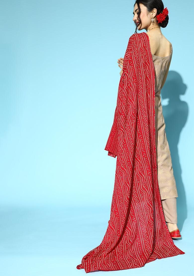 Beige Printed Viscose Straight Kurta Sets - Indya