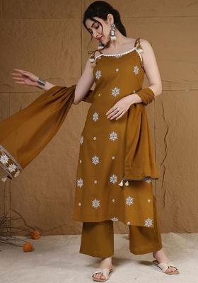 Mustard Embroidered Viscose Straight Kurta Sets