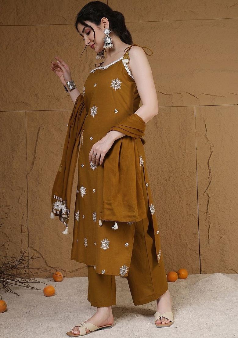 Mustard Embroidered Viscose Straight Kurta Sets - Indya