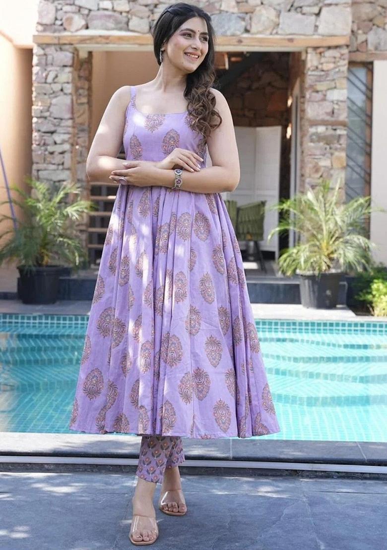 Purple Printed Viscose Anarkali Sets - Indya