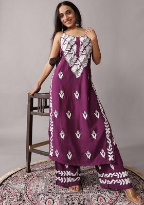 Purple Embroidered Silk Straight Kurta Sets