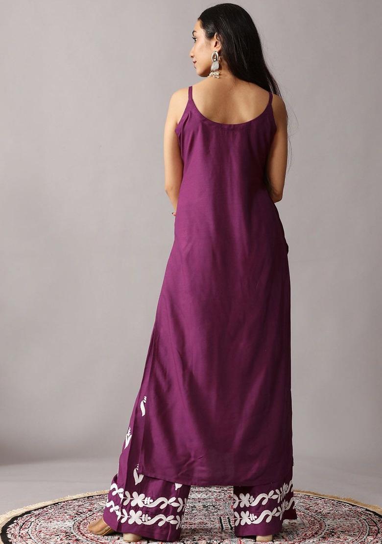 Purple Embroidered Silk Straight Kurta Sets - Indya