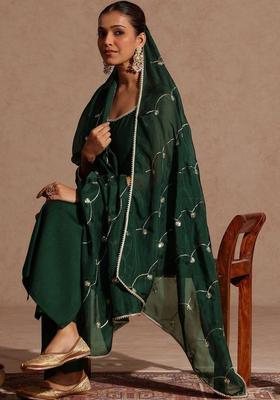 Green Solid Silk Straight Kurta Sets