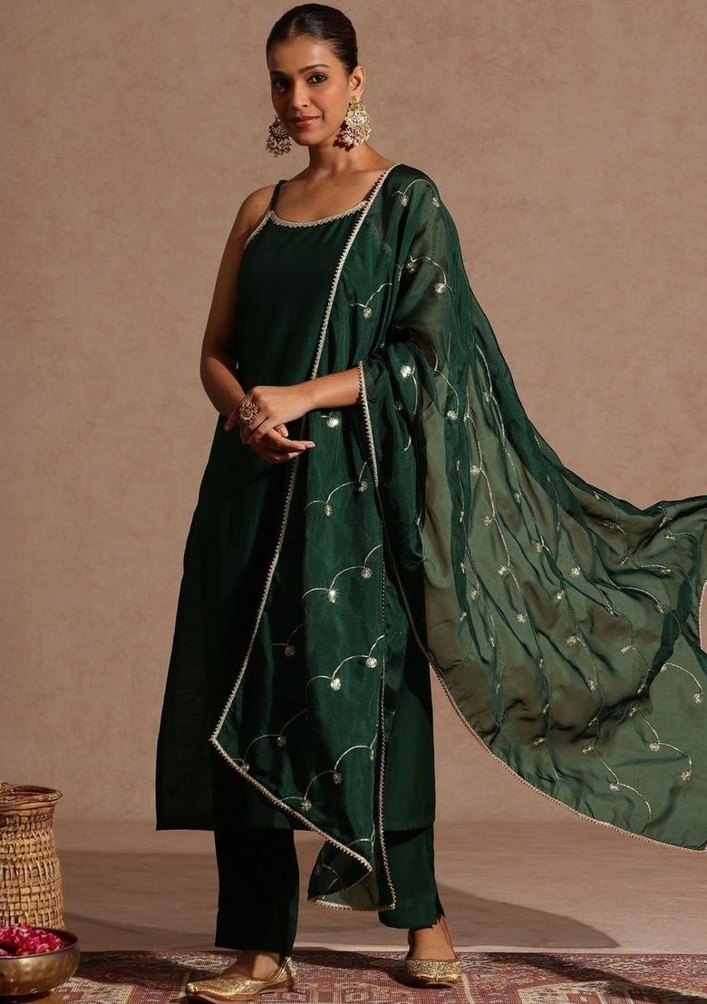 Green Solid Silk Straight Kurta Sets - Indya