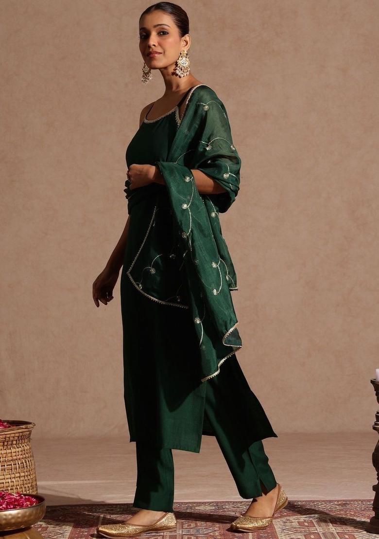 Green Solid Silk Straight Kurta Sets - Indya