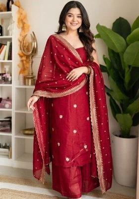 Maroon Embroidered Satin Straight Kurta Sets