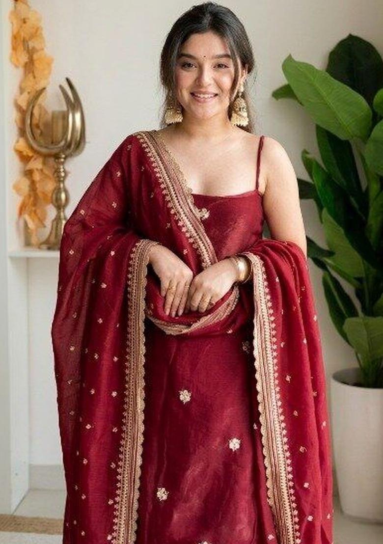 Maroon Embroidered Satin Straight Kurta Sets - Indya