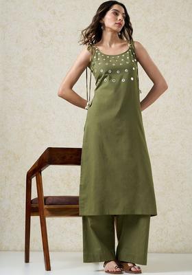 Olive Solid Cotton Straight Kurta Sets